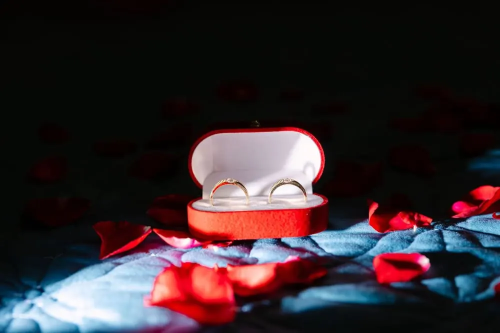 Twee trouwringen in een rood doosje tussen rozenblaadjes